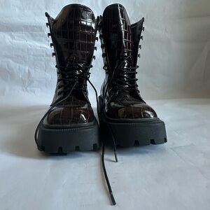 Truffle Collection Women's Black Croc-Embossed Combat Boots